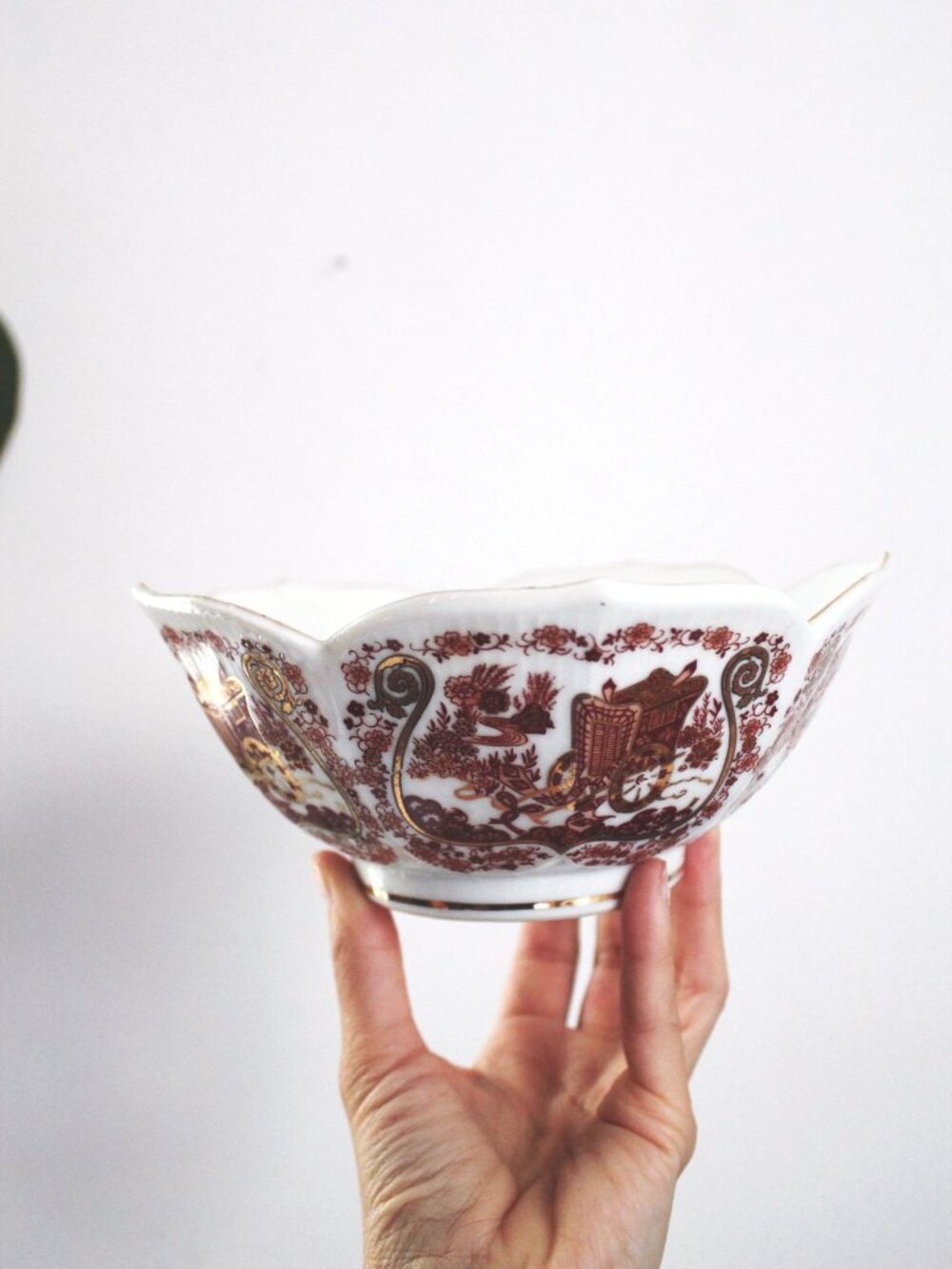 Vintage Japanese Porcelain Bowl Scalloped Edge Gold Floral Transferware